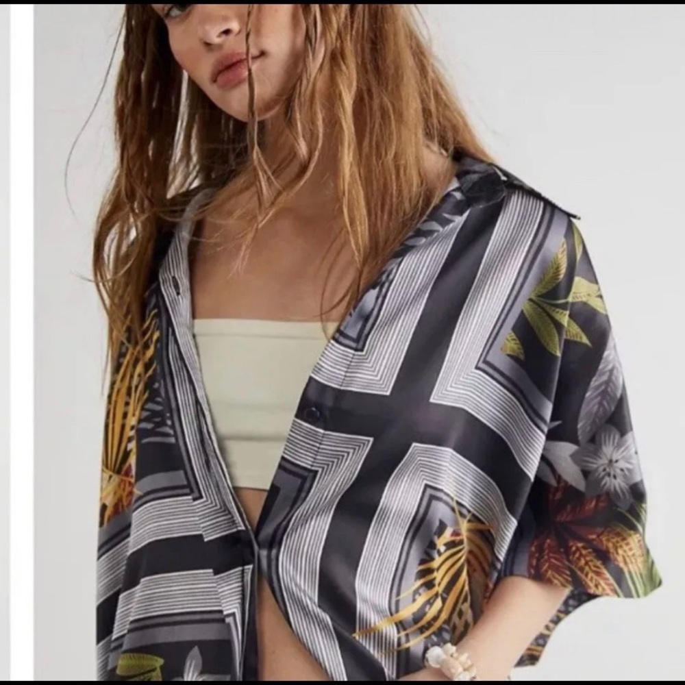 Free People Island Times Tropical Print Black Kimono Button Up Top One Size